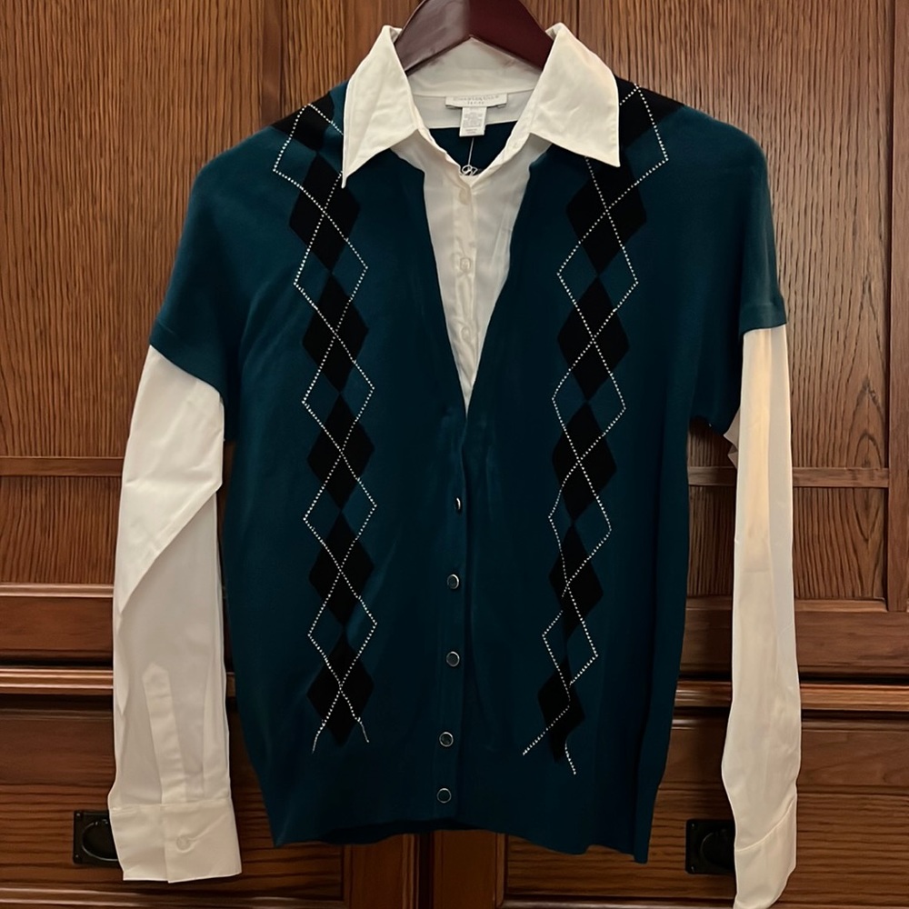 NWT Charter Club Petite Vienna Blue Gem Argyle Knit Sweater Faux Layer Office